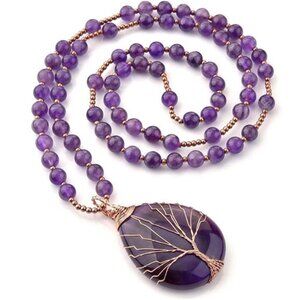 Top Plaza Healing Crystal Amethyst Necklace Natural Stone Beads Life Tree Wire
